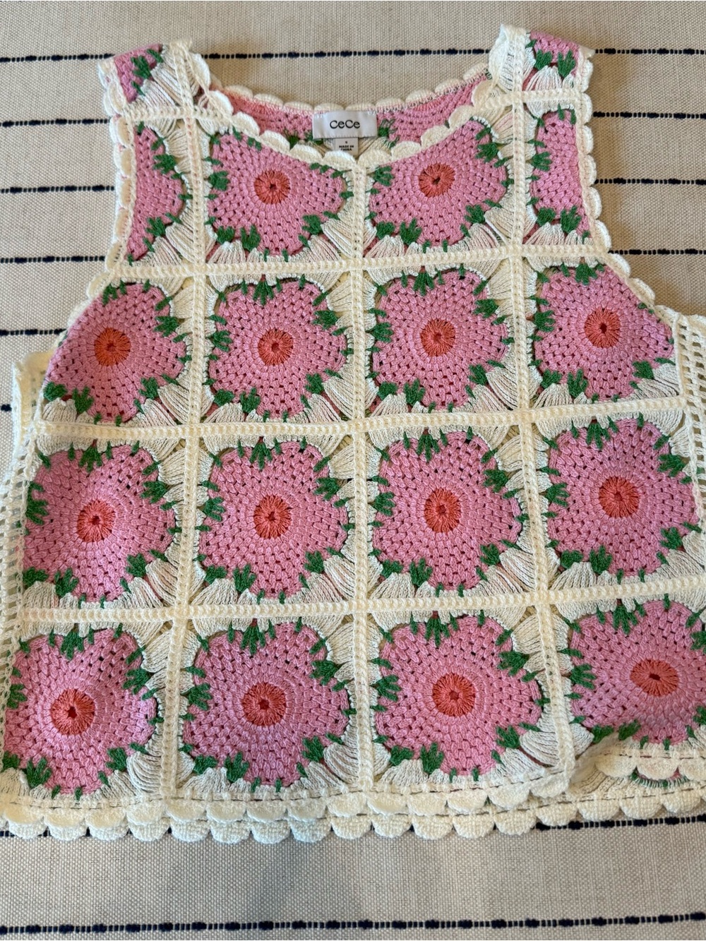 CeCe Pink & Cream Crochet Floral Tank Top with Green Accents